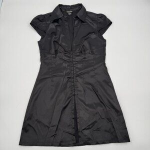 Guess Jeans Black Satin Hook Eye Mini Dress Collared Cap Sleeve QP742420 Medium‎